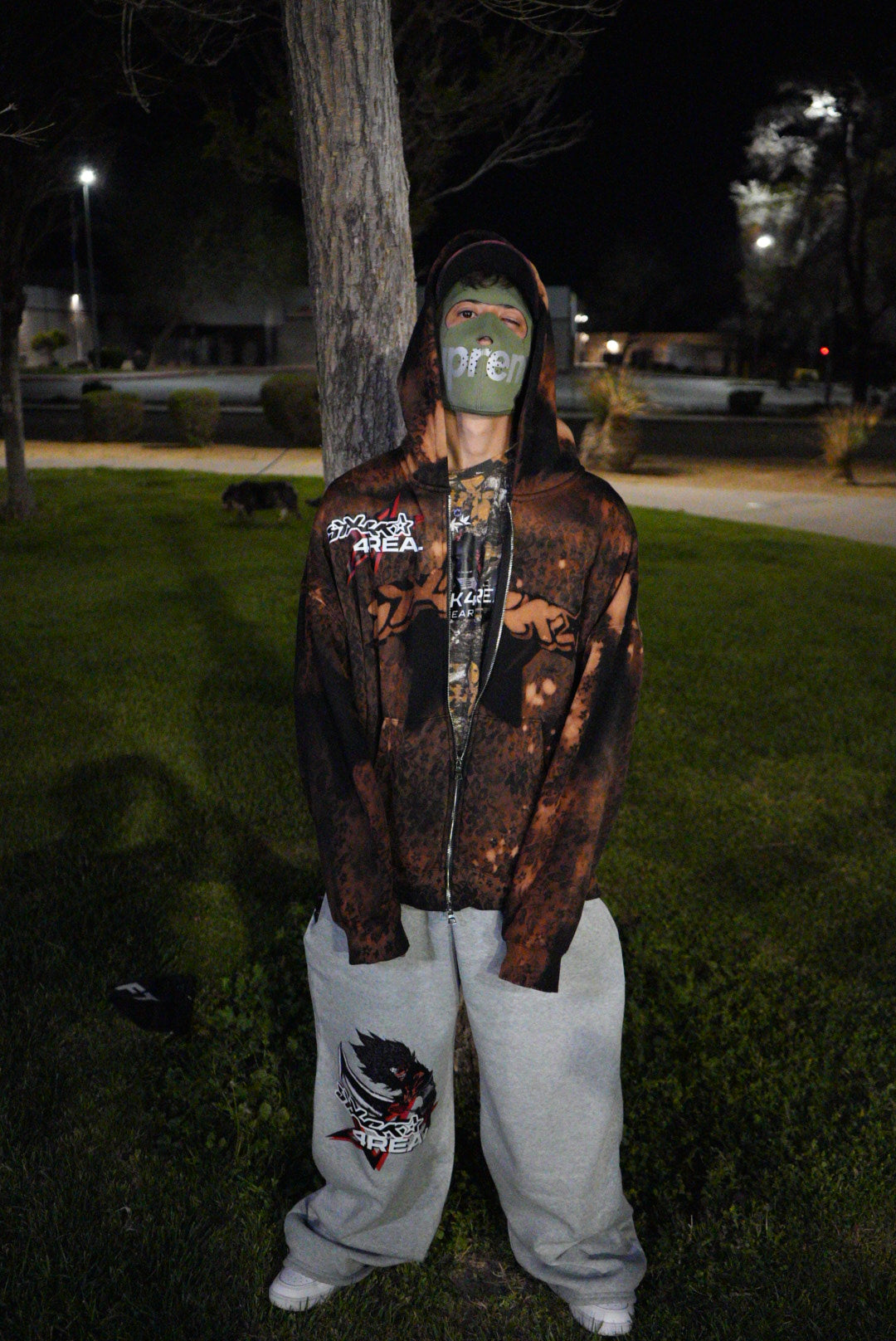 Bleached Flower Double Zipper Hoodie