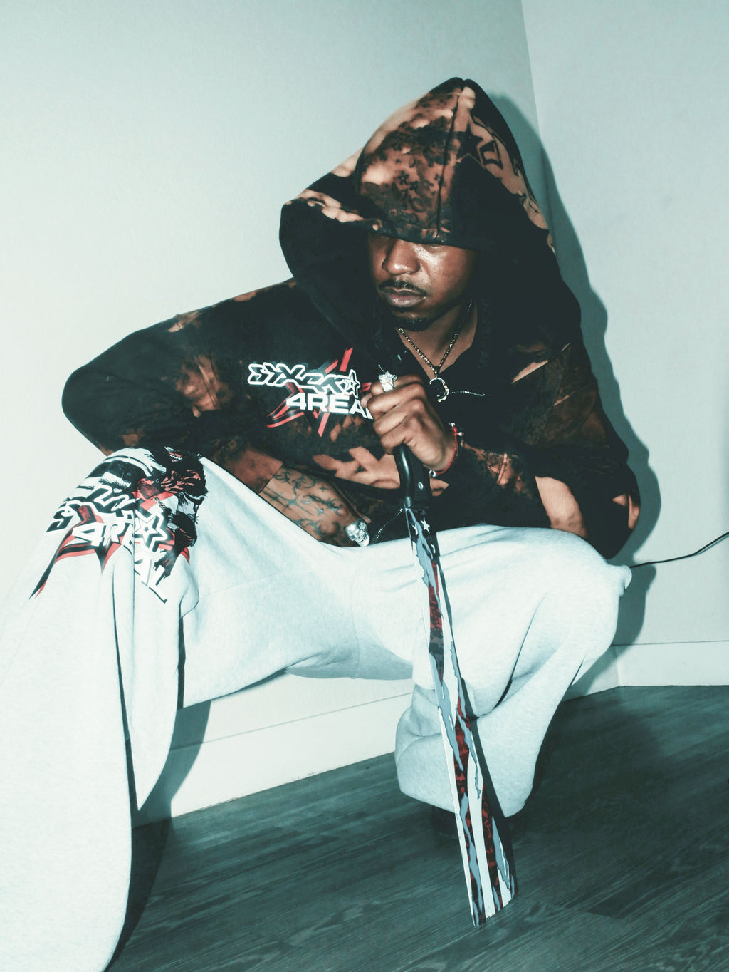 Bleached Flower Double Zipper Hoodie