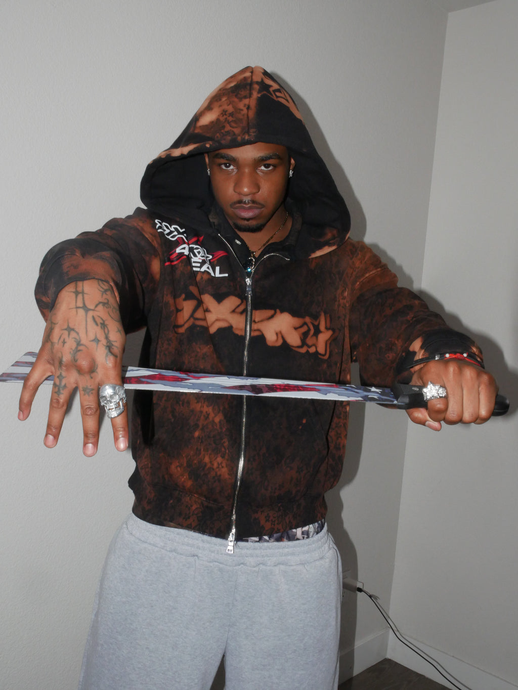 Bleached Flower Double Zipper Hoodie