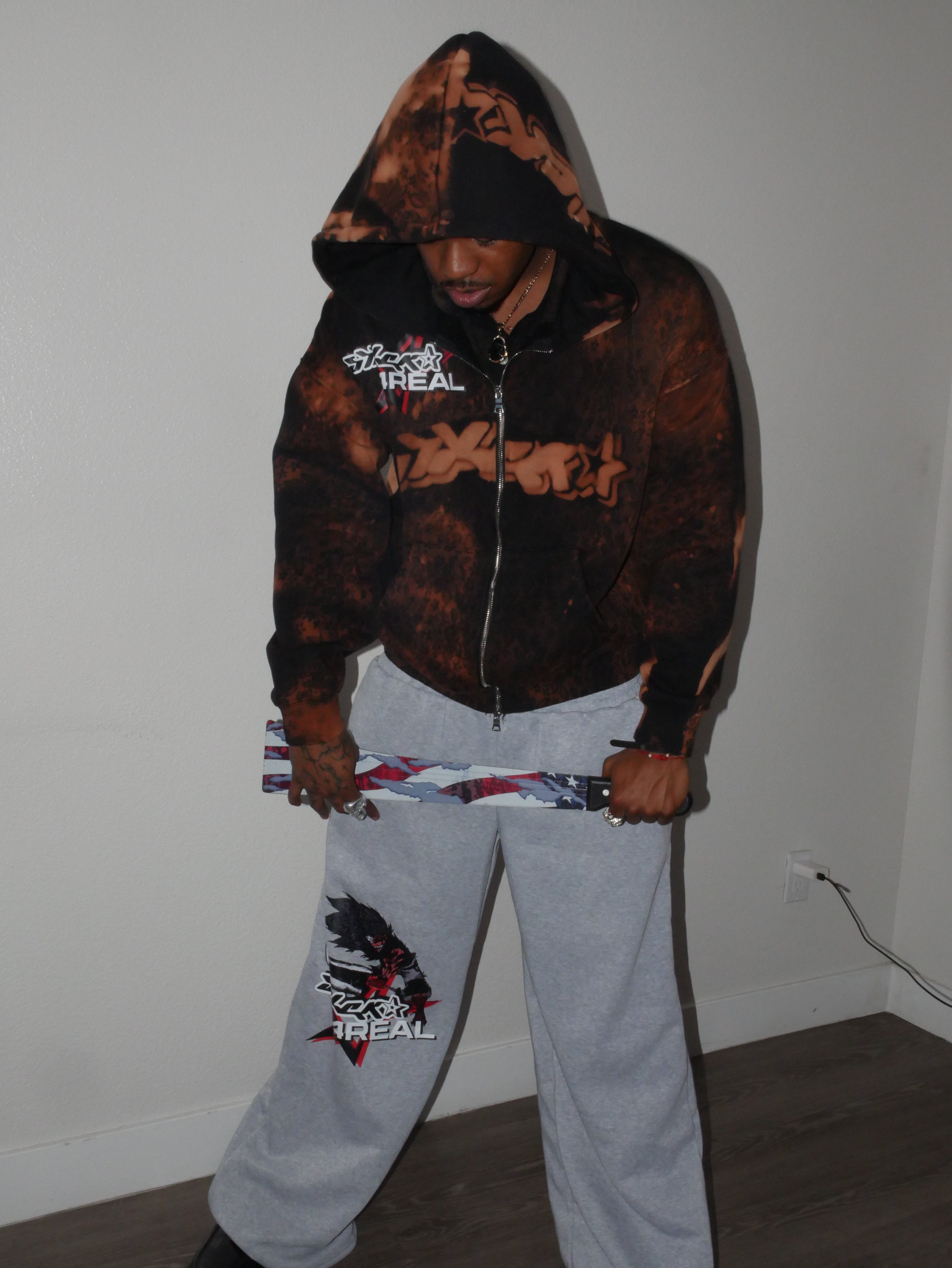 Bleached Flower Double Zipper Hoodie