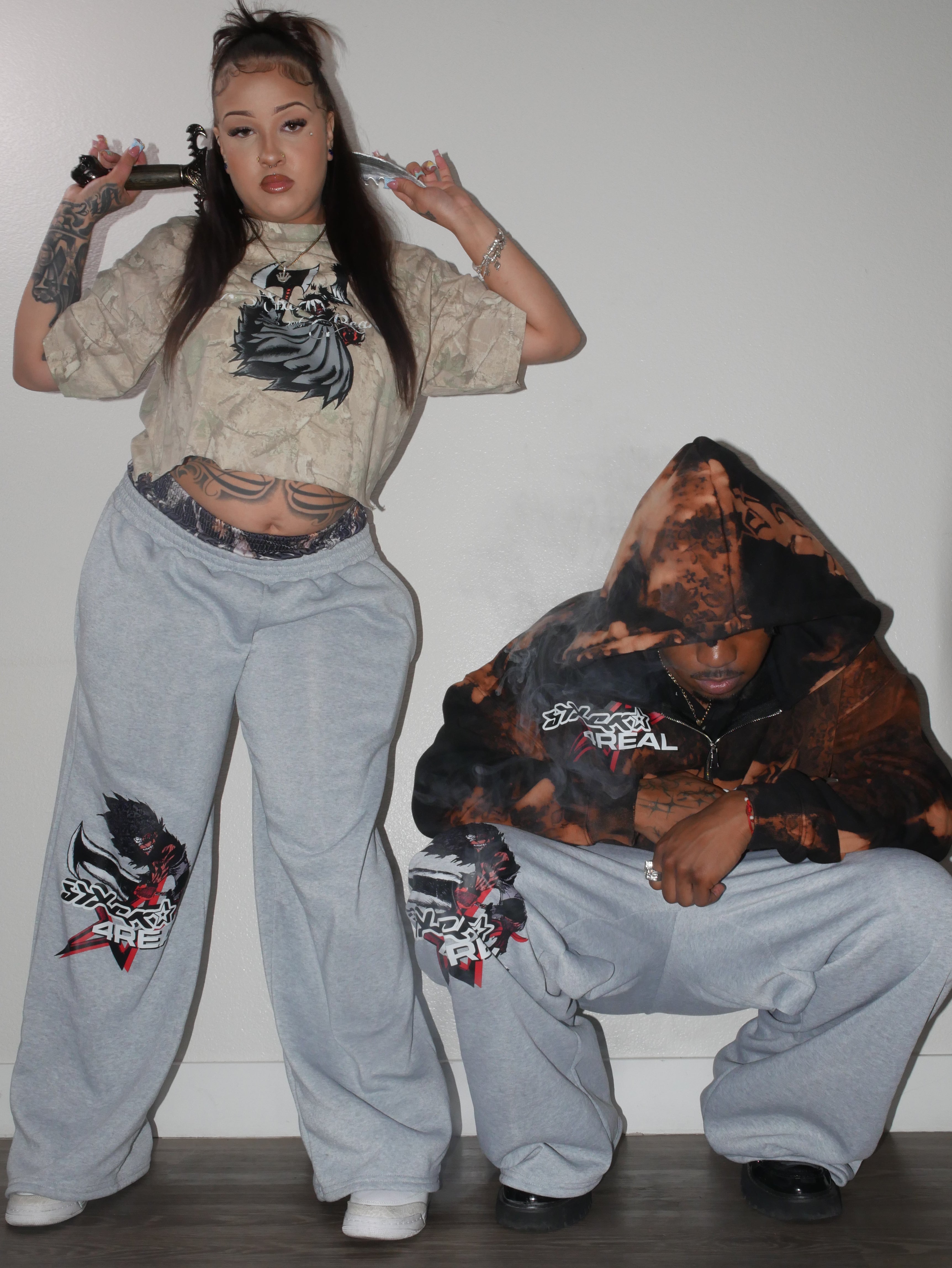 Bleached Flower Double Zipper Hoodie