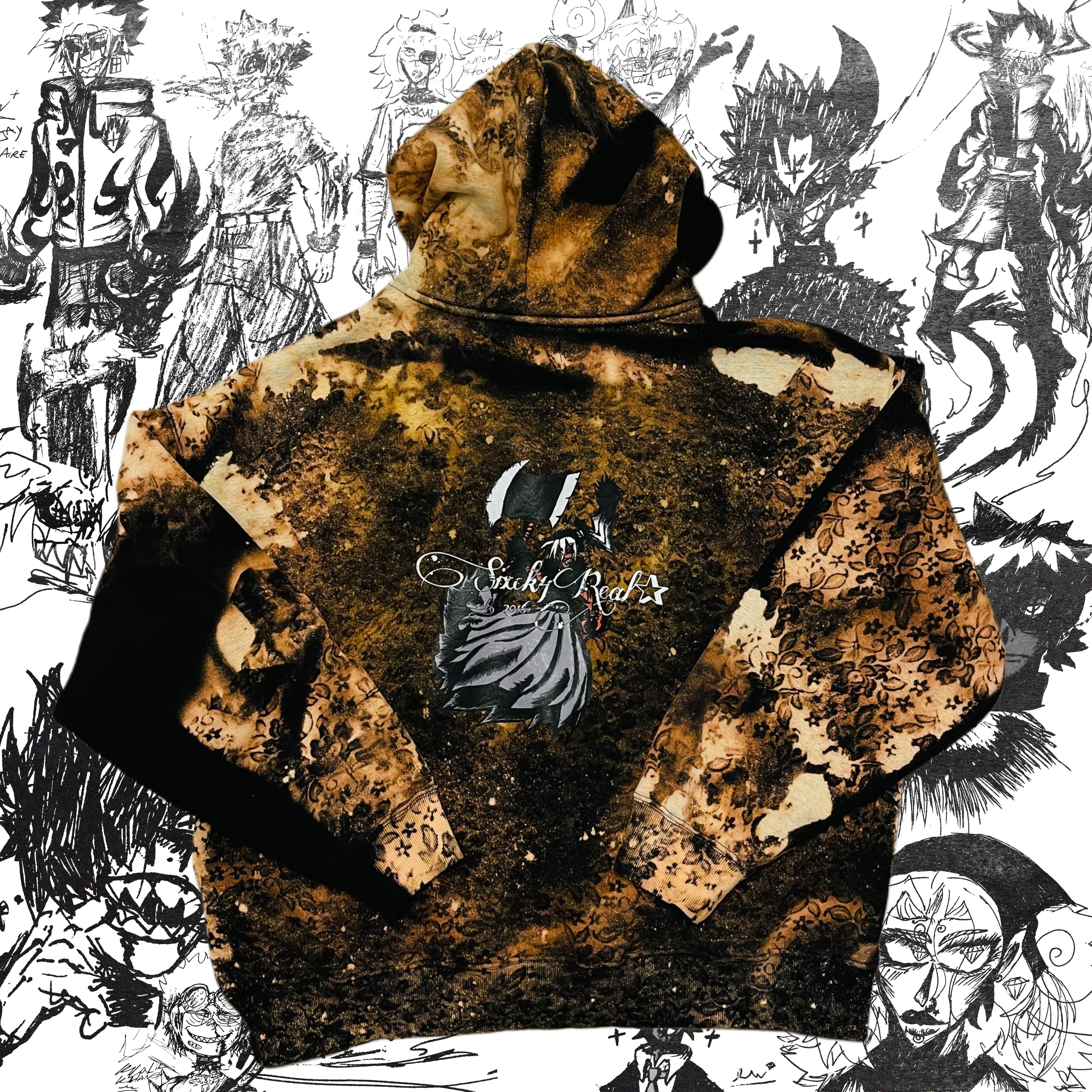 Bleached Flower Double Zipper Hoodie