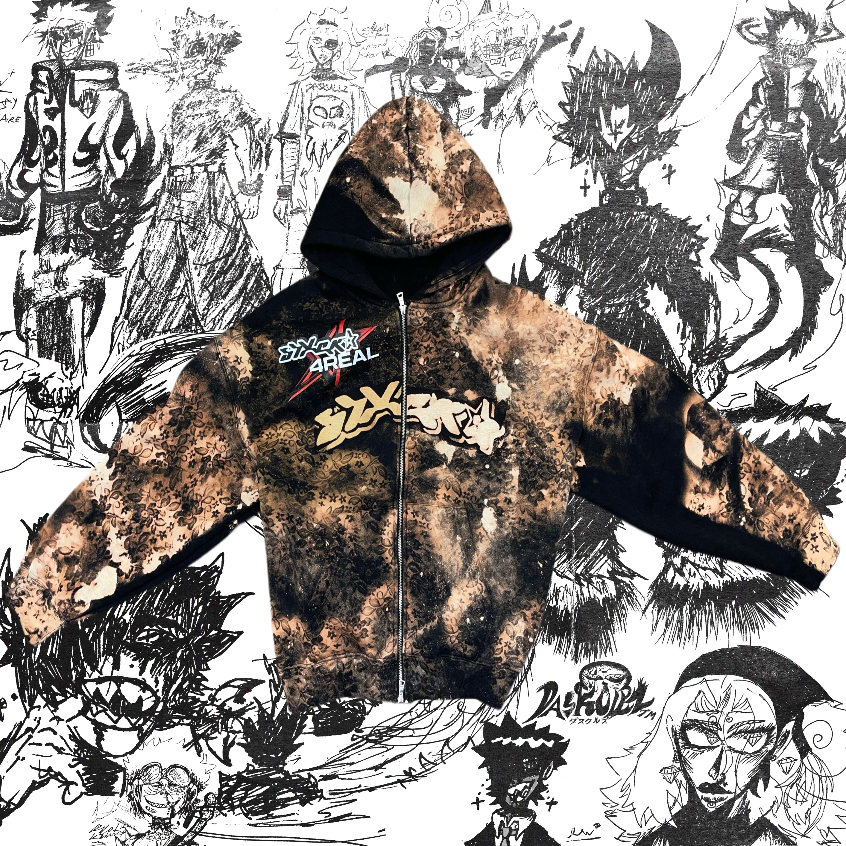 Bleached Flower Double Zipper Hoodie